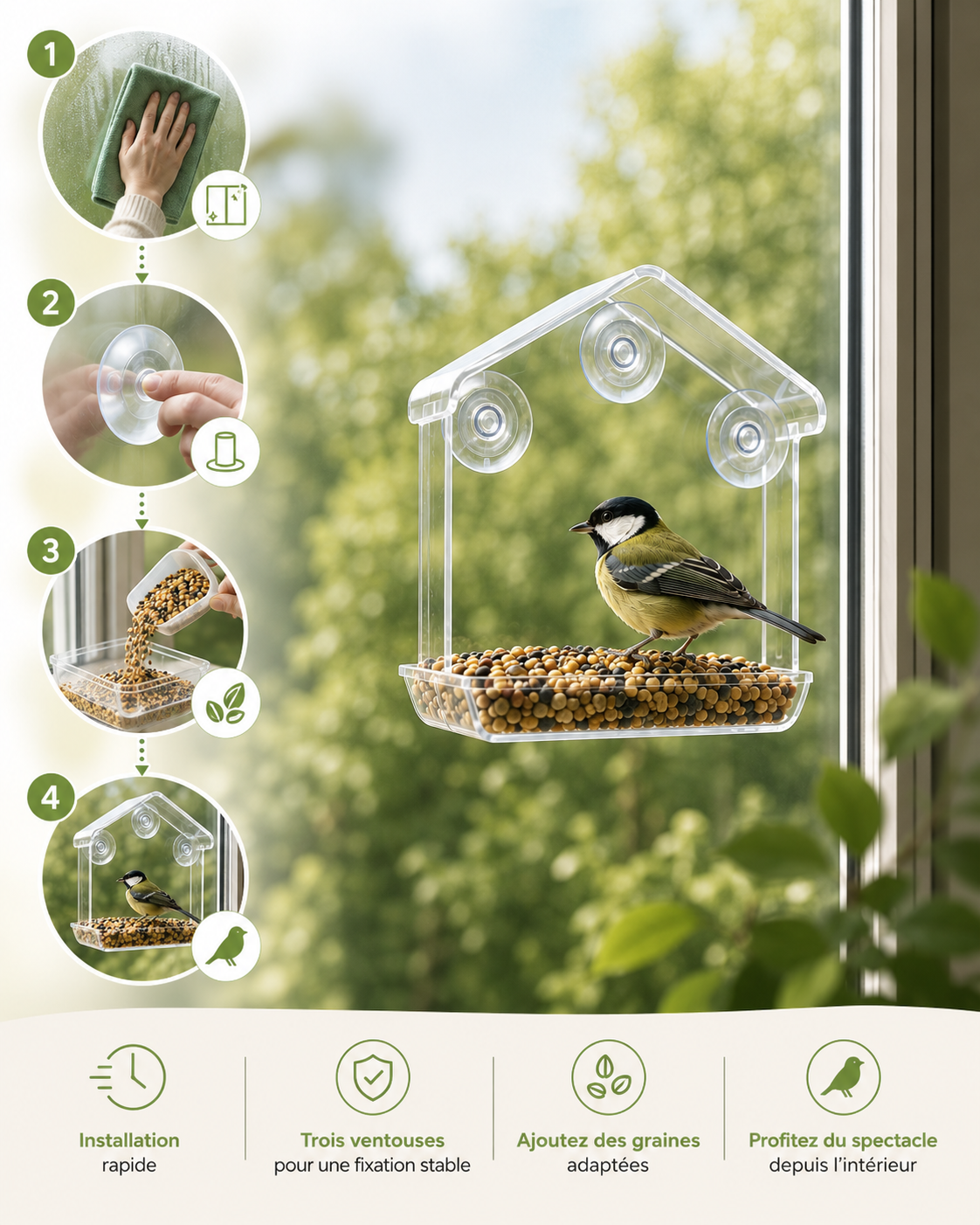 PlumeVue™ – Mangeoire transparente pour fenêtre